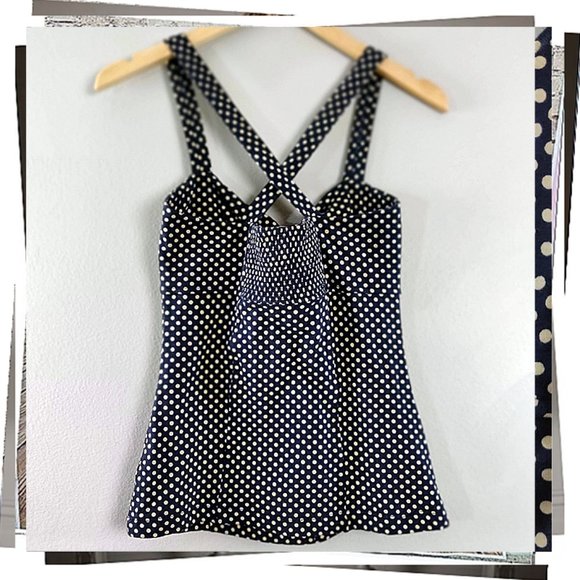 NWOT: Retro Blue & Cream Polka Dot Tank w/ Fabric Knot at Front (S) - Picture 4 of 6